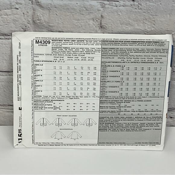 McCall's Sewing Pattern #4309 Jacket Women's Sizes XS-M Uncut Arts & Crafts - Picture 5 of 5